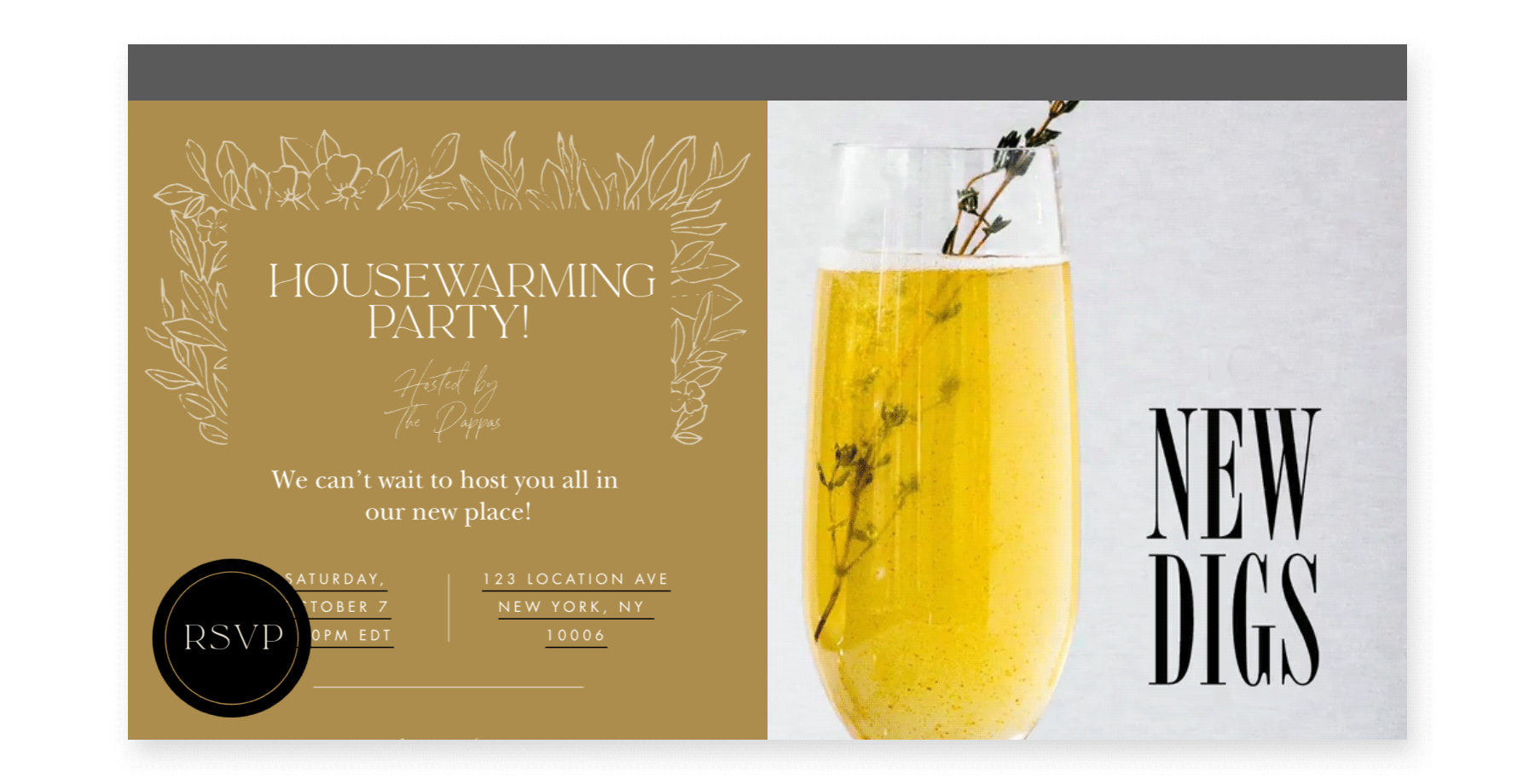 An online invite for a housewarming party with a photo of a yellow cocktail in a flute glass and the words “cheers to new digs” animating beside it.