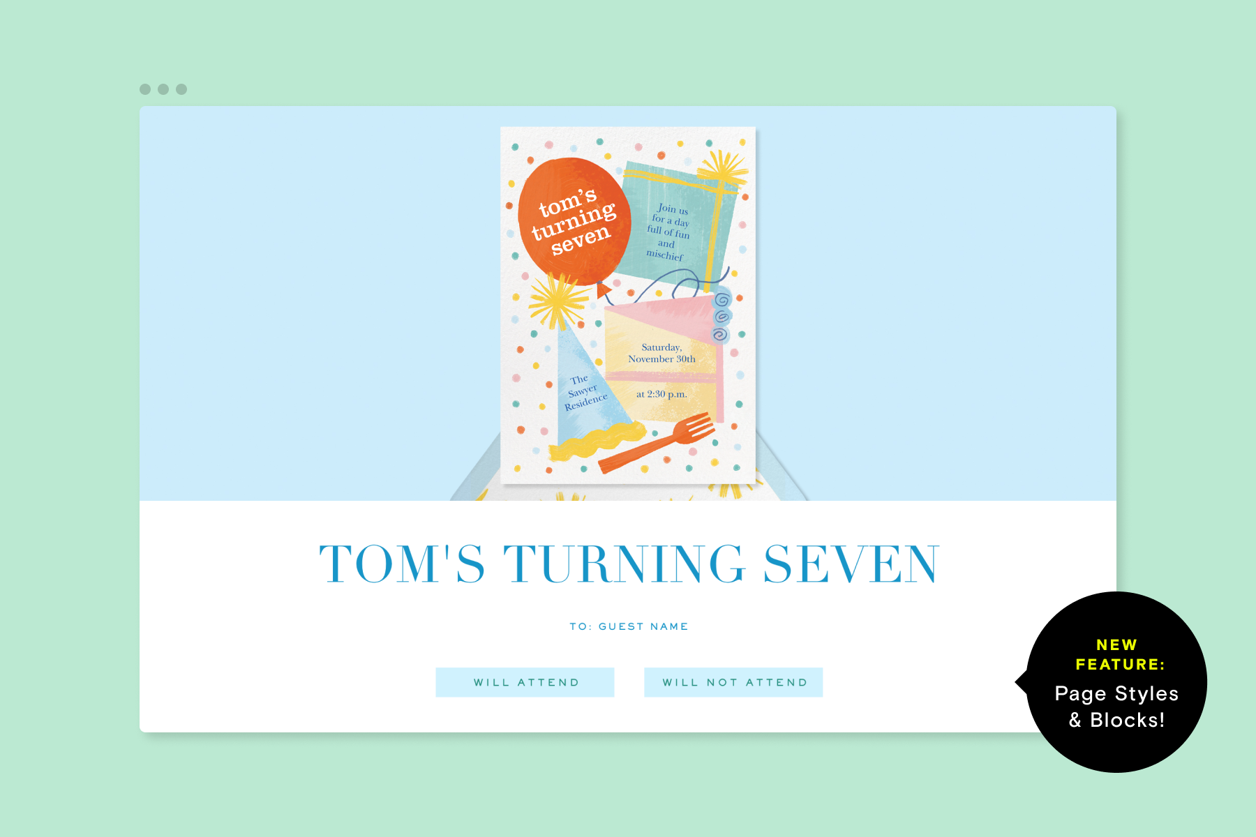 A kid’s birthday invitation and event title that reads “Tom’s Turning Seven.” The invitation has an illustration of a birthday hat, cake, and a present.