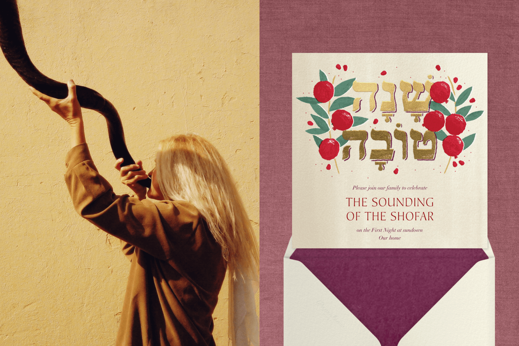 Left: A person blowing a shofar. Right: A Rosh Hashanah invitation with gold Hebrew lettering and painted pomegranates.