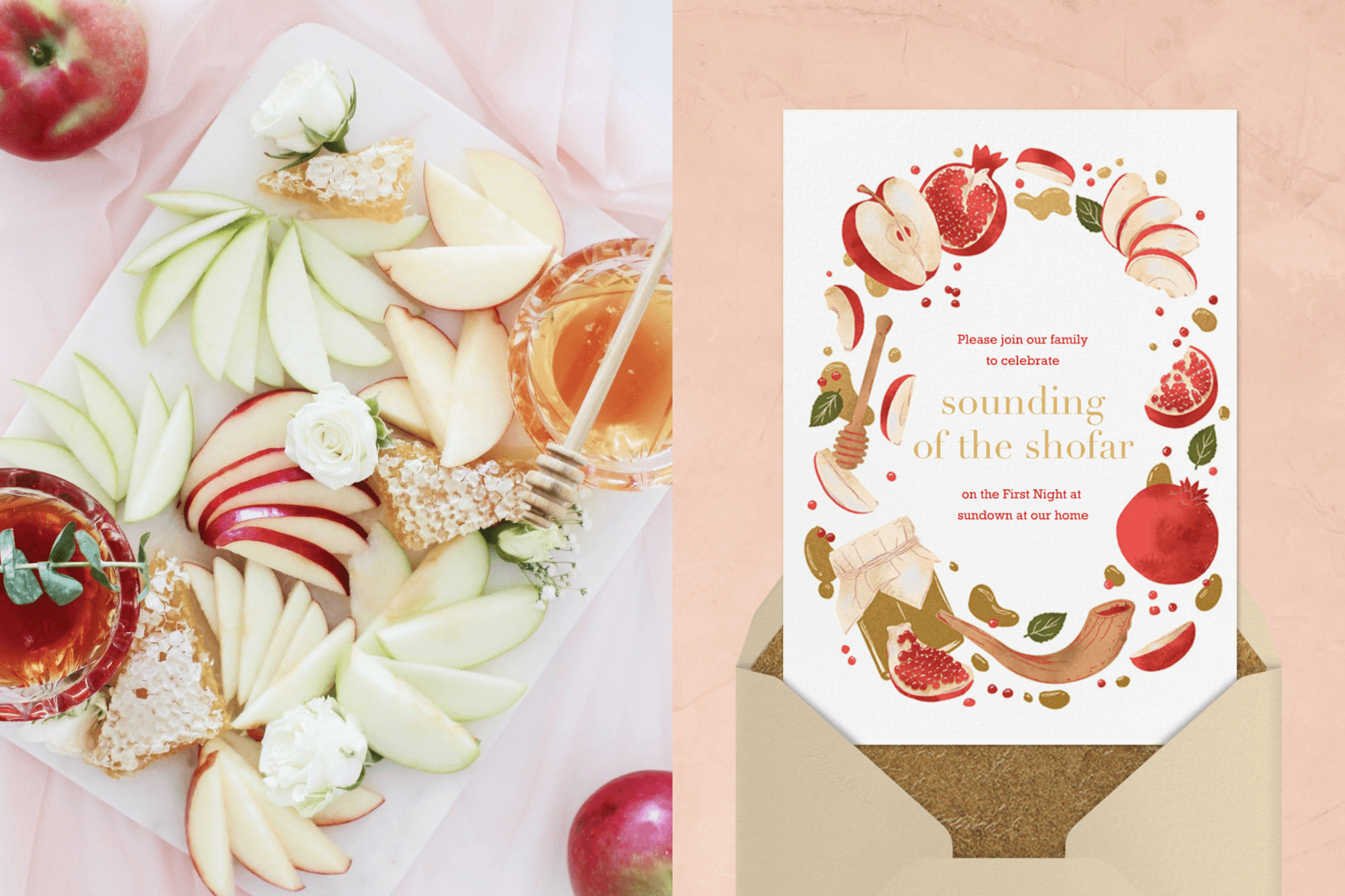 Left: A platter of apple slices and pots of honey. Right: A Rosh Hashanah invitation with apple slices, pomegranates, honey, and a shofar.