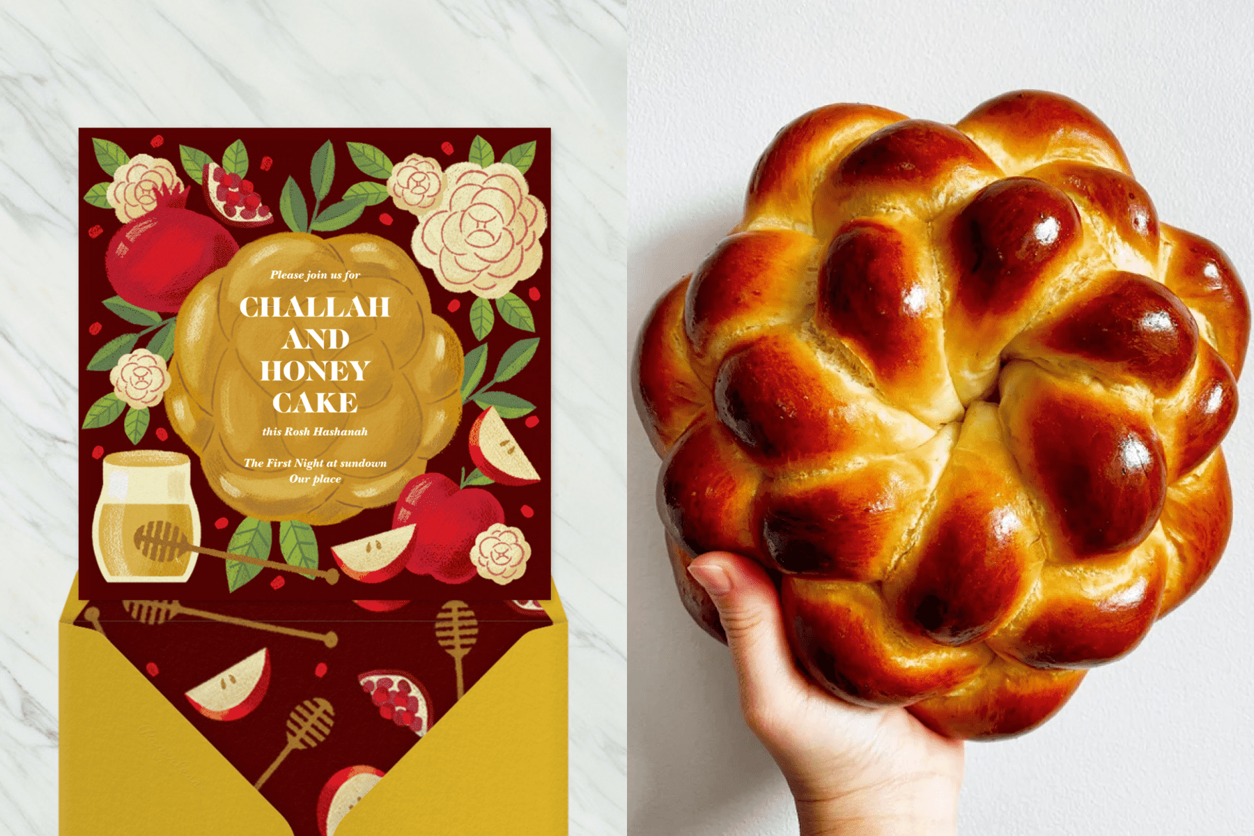 Left: A Rosh Hashanah invitation with round challah at the center surrounded by apples, pomegranates, and honey. Right: A hand holding a round challah bread.