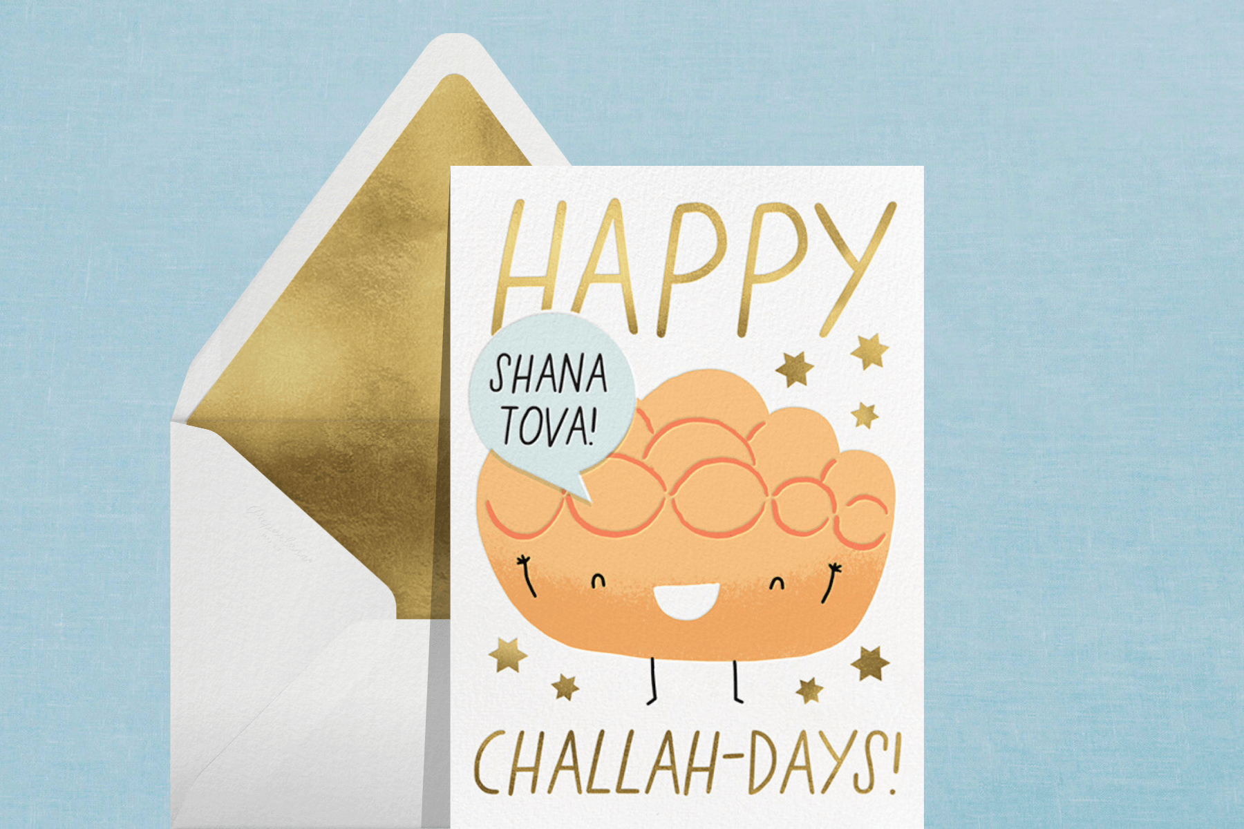 A Rosh Hashanah invitation with a cartoon smiling challah bread load saying “Shana tova” and the words “Happy challah-days!”