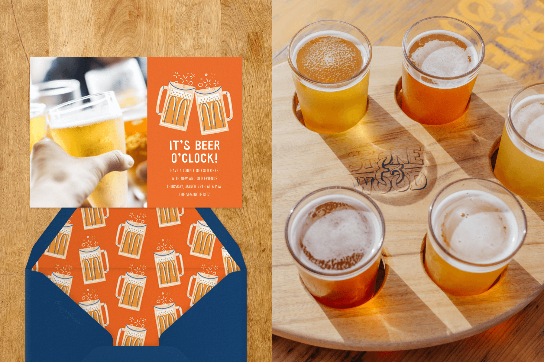 Left: An invitation reads “it’s beer o’clock” with a photo of beer glasses being clinked on the left and an orange illustration of two beer mugs on the right and a matching blue envelope. Right: Five beer glasses with different color beers are shown on a round wooden tray.