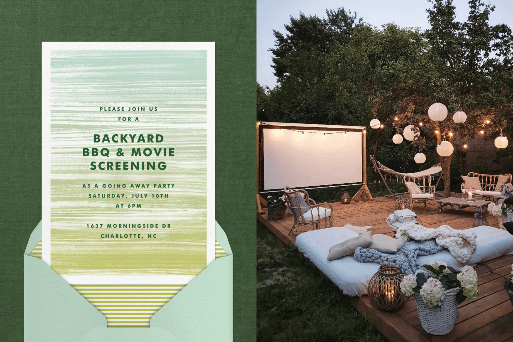 Left: An invitation for a backyard BBQ & movie screening with abstract green brushstroke stripes in an ombre pattern on a darker green background. Right: A cozy setup for an outdoor movie with a projector screen and white paper lanterns on a wooden deck.