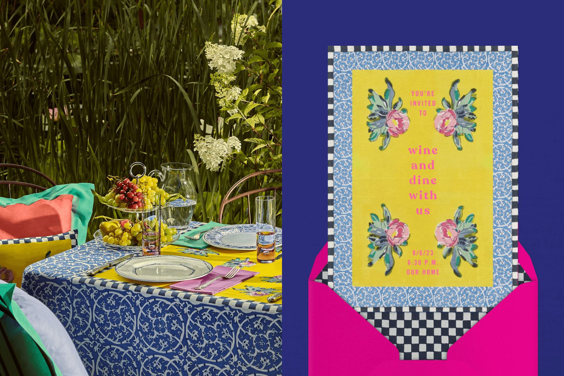 Left: A colorful table with a block-printed tablecloth and grapes on a cupcake stand in front of tall decorative grass. Right: An invitation to “wine and dine with us” has a block-printed style blue border and checkerboard border with a yellow rectangle in the middle and four flowers in the corner, above a pink envelope with checkered liner.