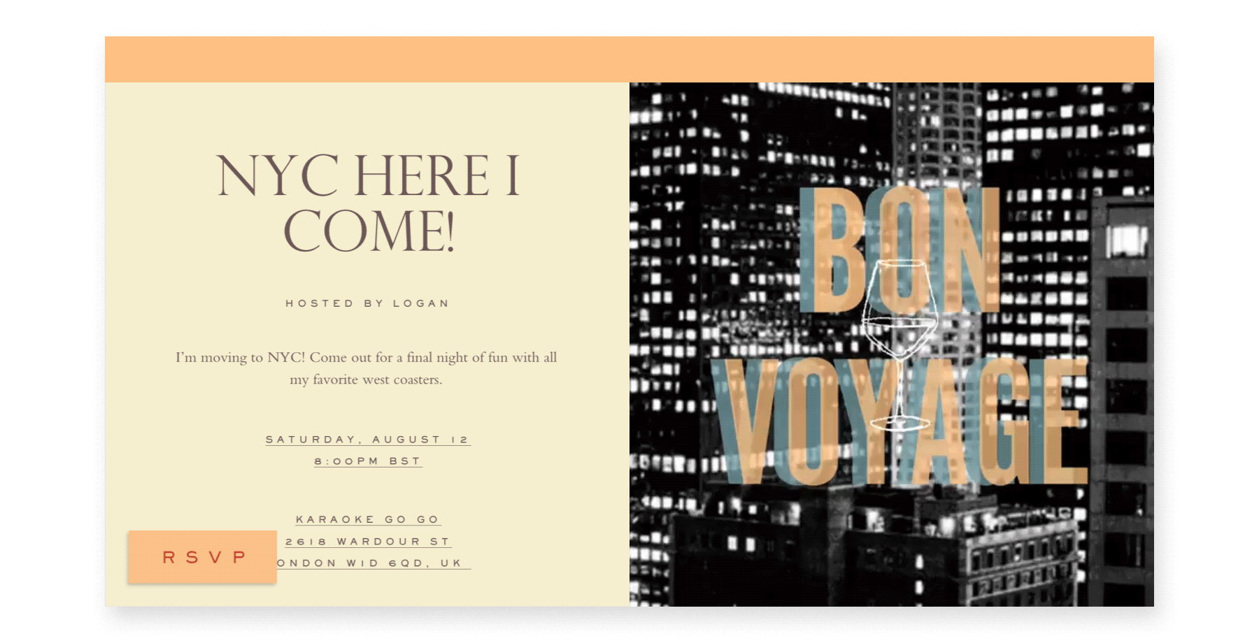 An online invite reads “NYC here I come!” with a black and white GIF of skyscraper buildings with window lights blinking and the words “Bon Voyage” imposed on top.
