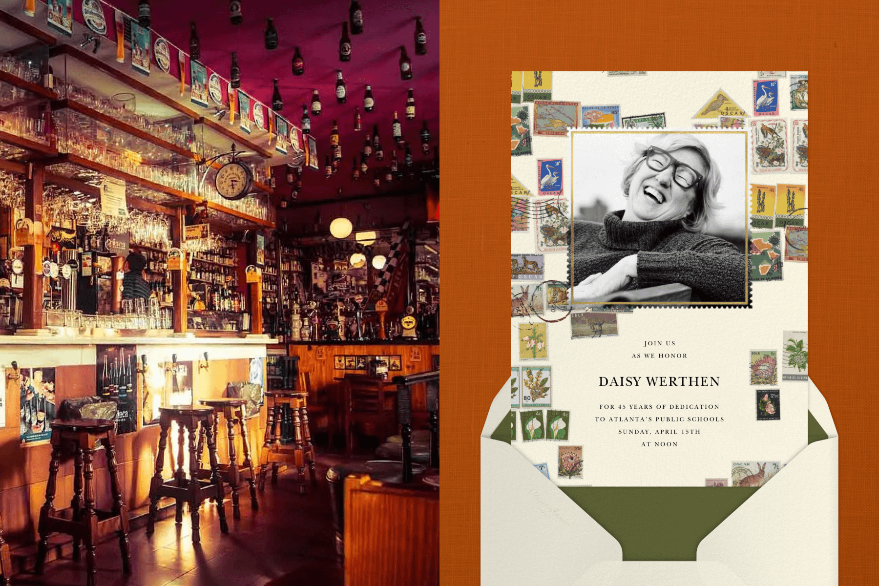 Left: A cluttered wooden bar with a maroon ceiling and beer bottles hanging. Right: A going away party invitation with a black and white photo of a woman laughing and postage stamps around it.