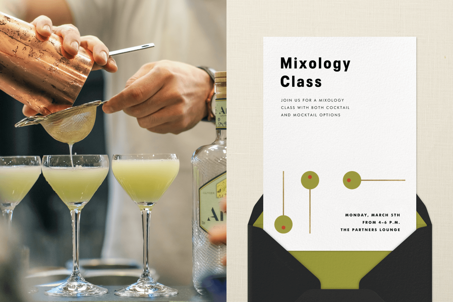 Left: A person’s hands pour a light green cocktail mixture from a copper shaker through a strainer into three stemmed glasses. Right: An invitation for a mixology class has three simplified illustrated green cocktail olives on picks.