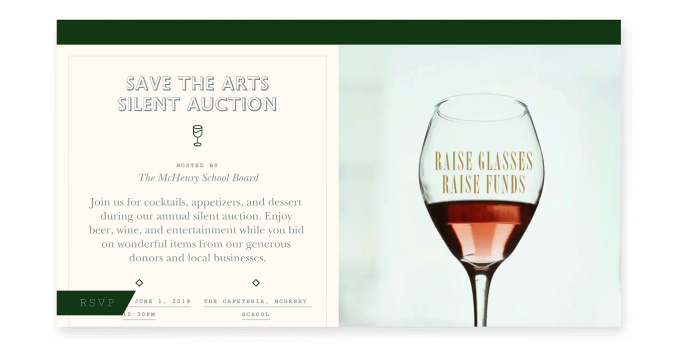 An online invite for a “Save the Arts silent auction” has an animated gif on the right of a wine glass with a fluctuating amount of red wine inside and the words “raise glasses, raise funds.”