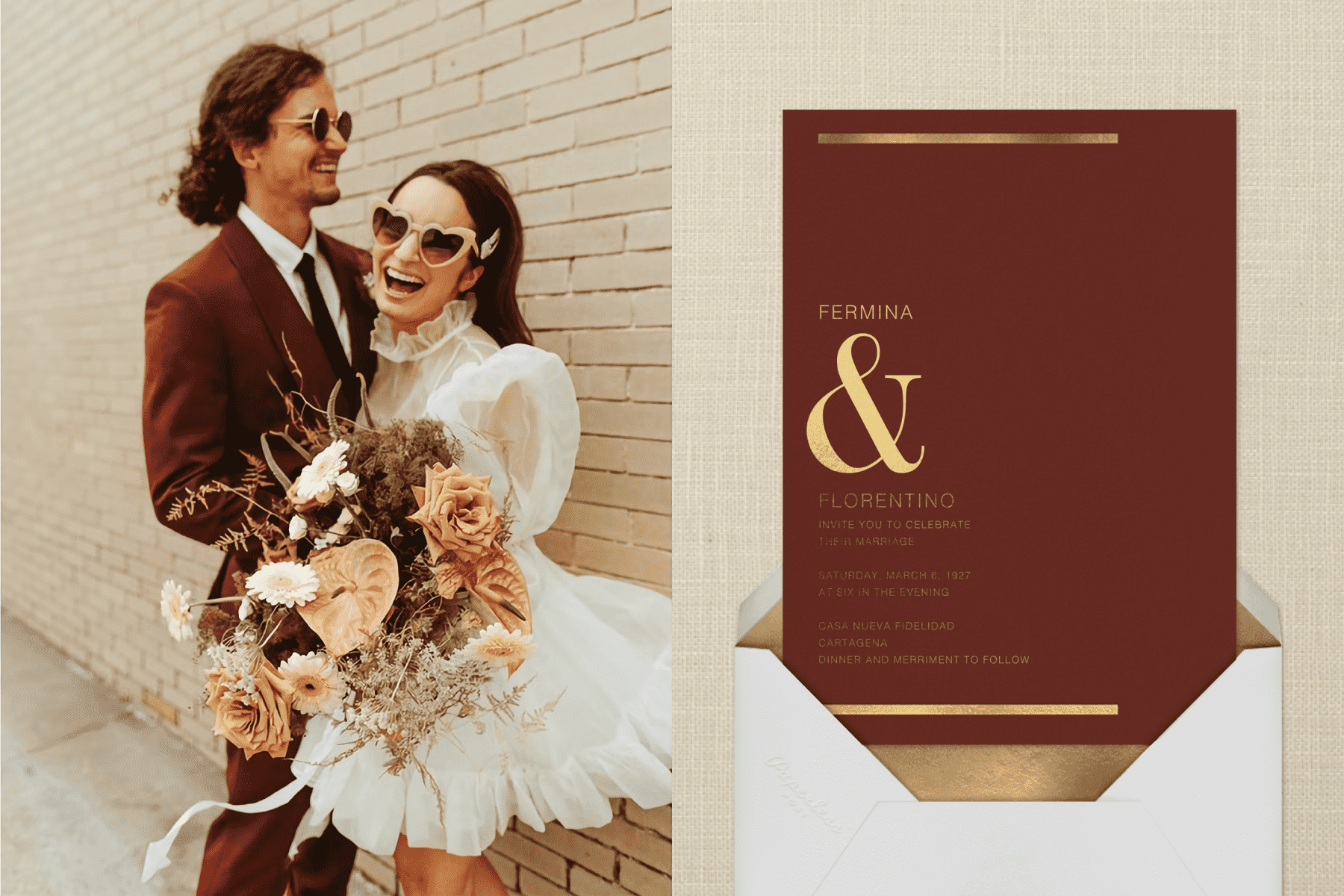 Alt text, left: A couple in wedding attire embrace and smile. Right: A burgundy wedding invitation with gold foil and a large ampersand between the couple’s names.