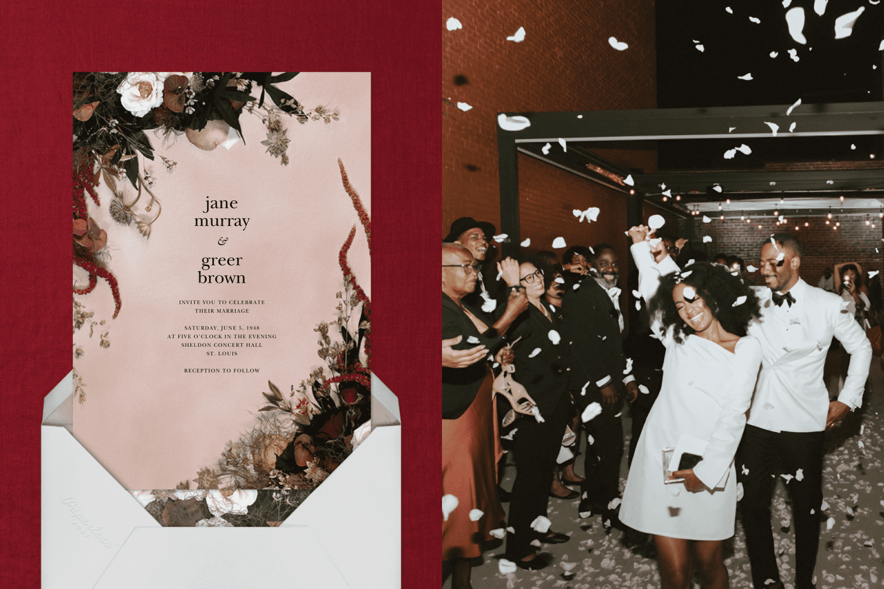 A pink wedding invitation with photographic florals on opposing corners. Right: A newly married couple dances as onlookers throw flower petals.