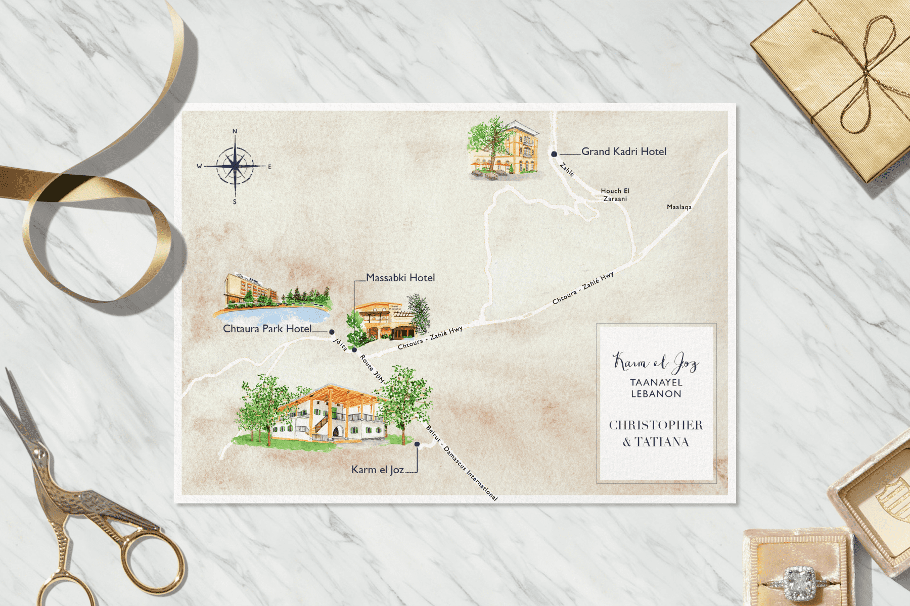 A custom wedding invitation shows a painted map with hotels and roads that are pertinent to the event and guests.
