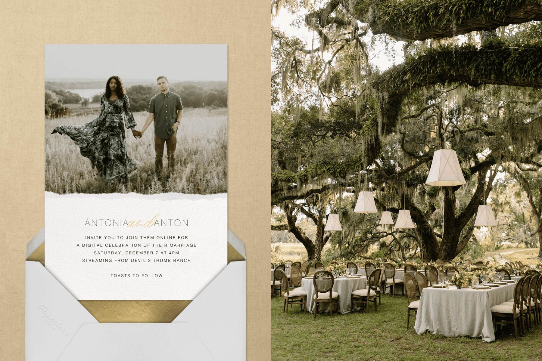 A wedding invitation with a photo of the couple on top and a torn edge detail. Right: Dinner tables set for an outdoor wedding beneath a large tree with Spanish moss.
