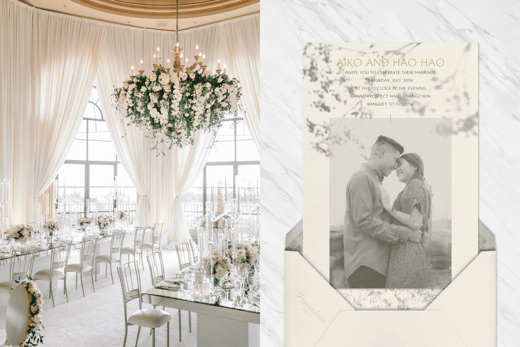 Tables set for an indoor wedding with large windows and a floral chandelier. Right: A wedding invitation with a faded black and white picture of a couple and a shadowy overlay of branches.