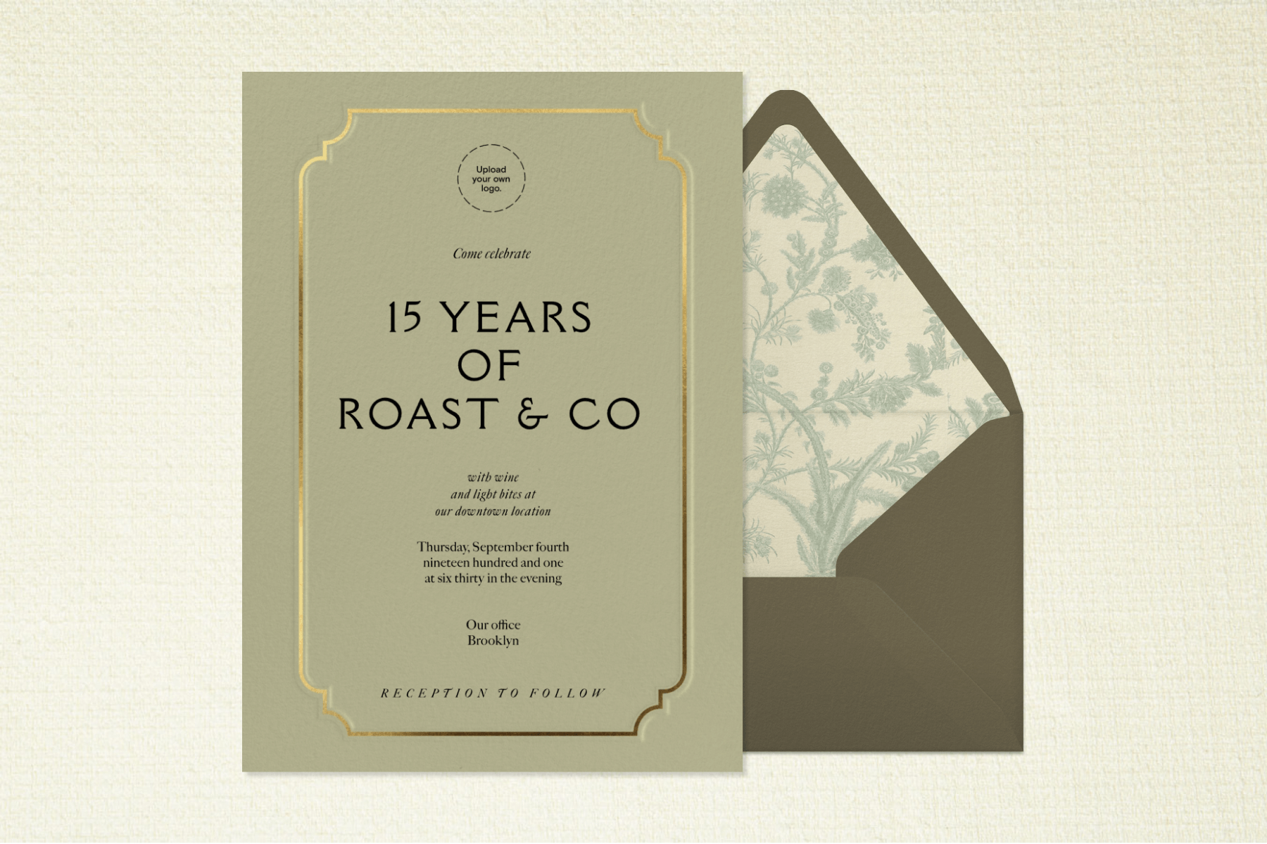 An invitation to a professional anniversary party that reads ‘15 years of Roast & Co’ on top of a khaki envelope with a floral liner. 