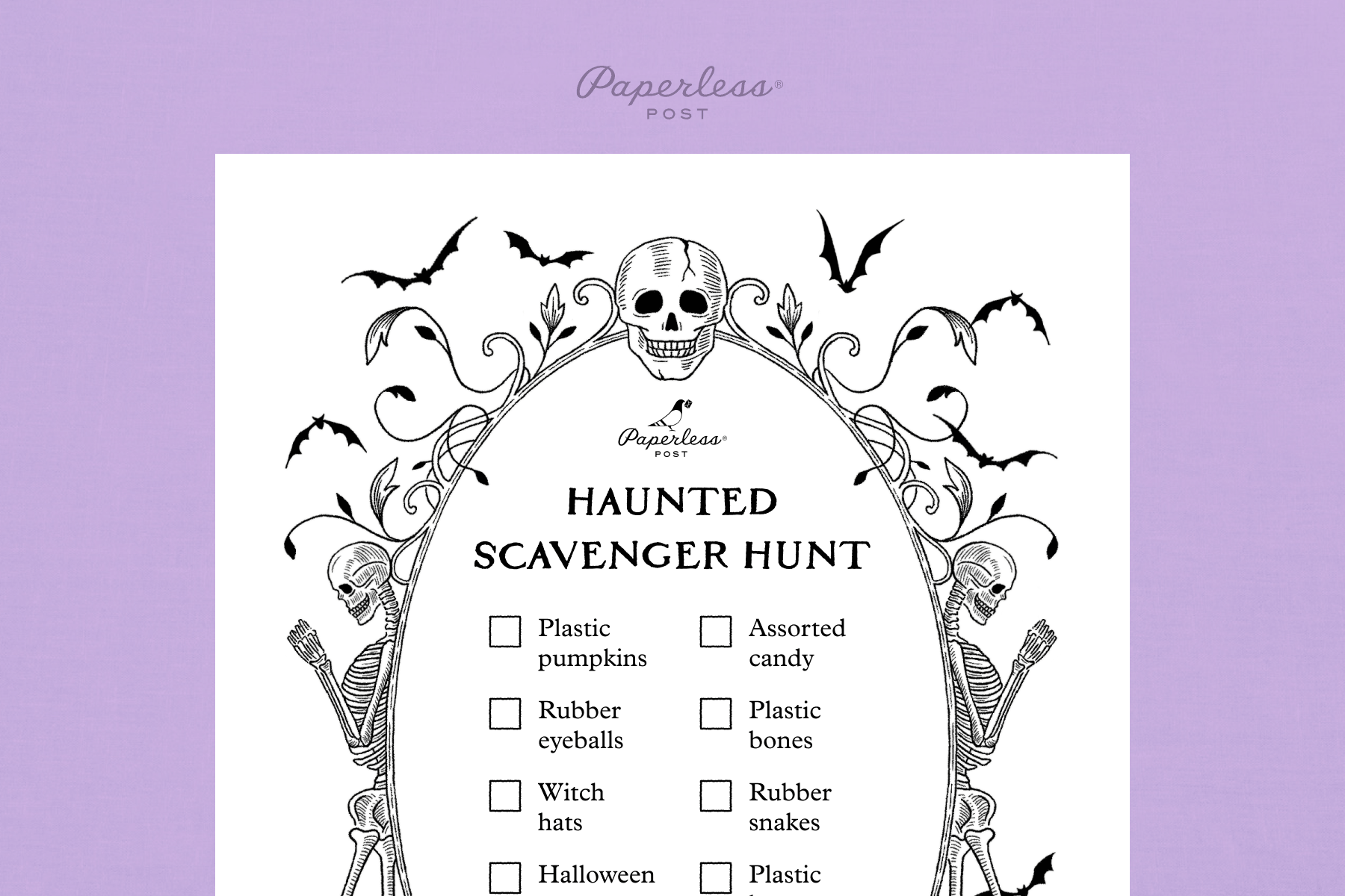 ALT: A Paperless Post printable titled HAUNTED SCAVENGER HUNT with a black-and-white illustrated frame of skeletons, a skull, bats, and vines and a checklist including plastic pumpkins, rubber eyeballs, witch hats, and assorted candy, on a lavender background.