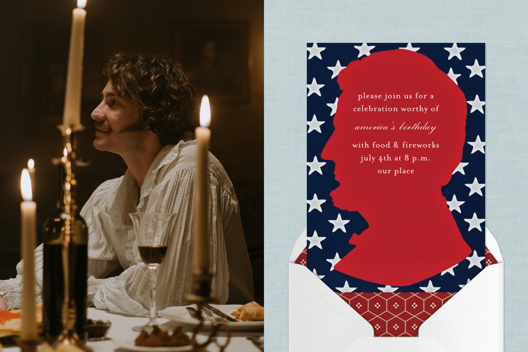 An image of a man in a peasant blouse surrounded by taper candles at a dinner table set with wine and food. Right: A 4th of July party invitation with a blue background, decorated with white stars and a red outline of Abraham Lincoln, sits atop a white envelope with a red geometric interior, against a light blue backdrop.