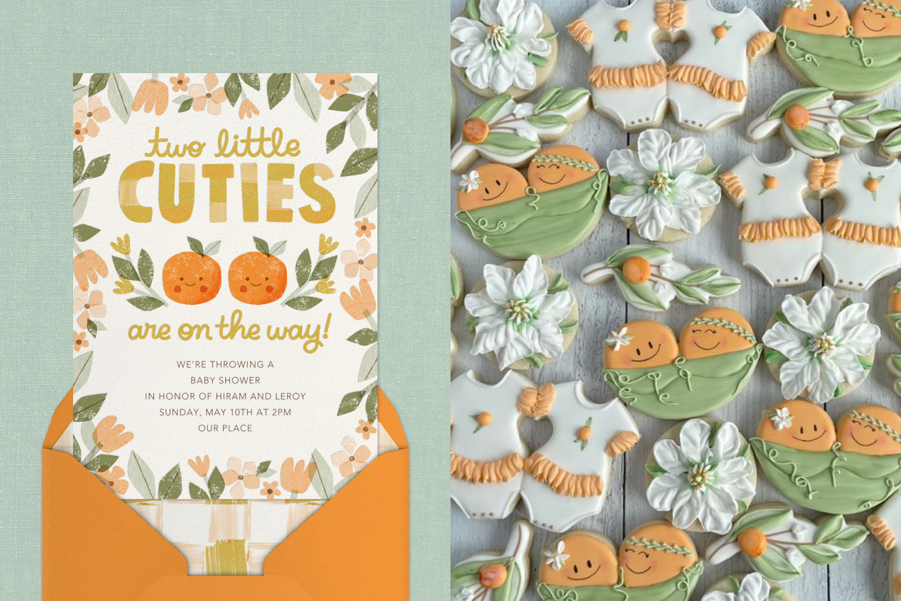 An invitation reads ‘two little cuties are on the way’ with smiling oranges; orange and twin-themed frosted baby shower sugar cookies.