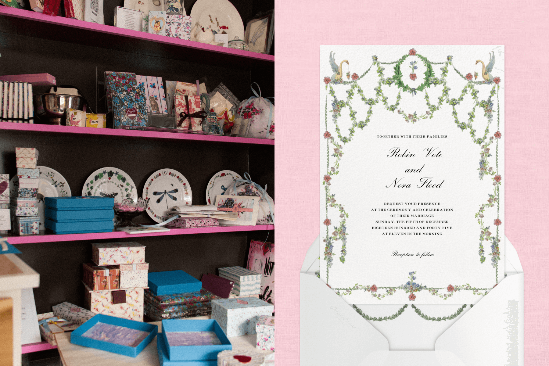 Left: Stephanie Fishwick’s shelves are filled with plates, journals, and more; Right: A floral Stephanie Fishwick wedding invitation.