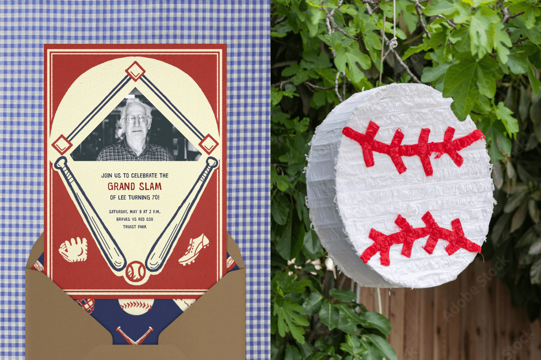 A 70th birthday party invitation with a grand slam baseball theme paired with a brown envelope, baseball envelope liner, and blue gingham background; A baseball piñata hanging from a tree branch.