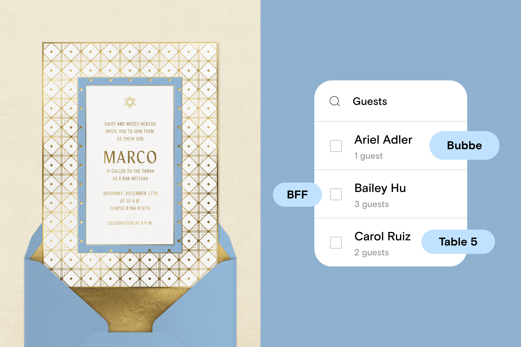 An invitation with a geometric gold and light blue pattern border; an example of Guest Tags in use. 
