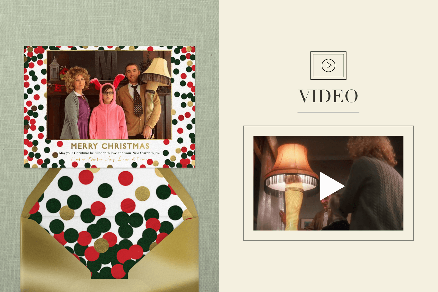Left: A horizontal holiday photo card with red, green, and gold dots around a photo of a family dressed as “A Christmas Story” characters. Right: A Video Block where YouTube links can be added to cards.
