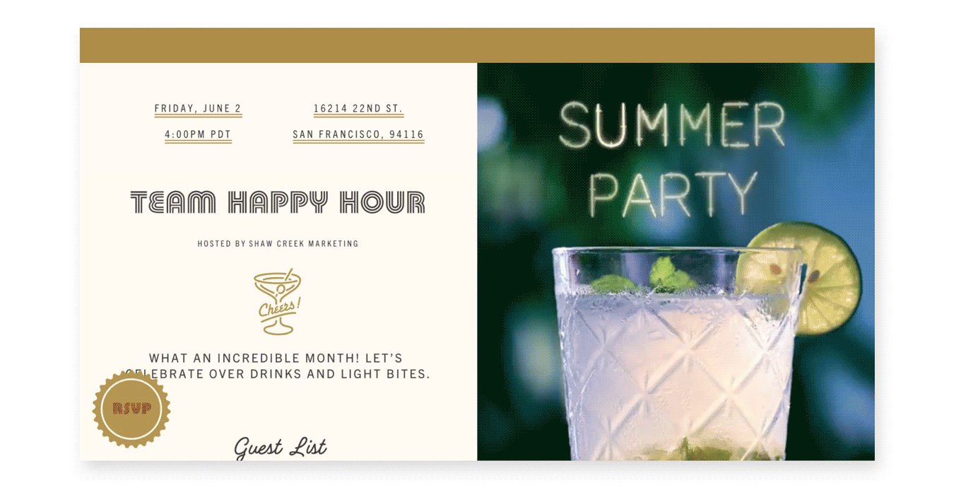 An online invite reads “team happy hour” and features an illustrated martini glass on the right with the event details and RSVP button. On the left of the invite a margarita with a lime garnish is pictured underneath “summer party” in type that resembles a neon sign. 