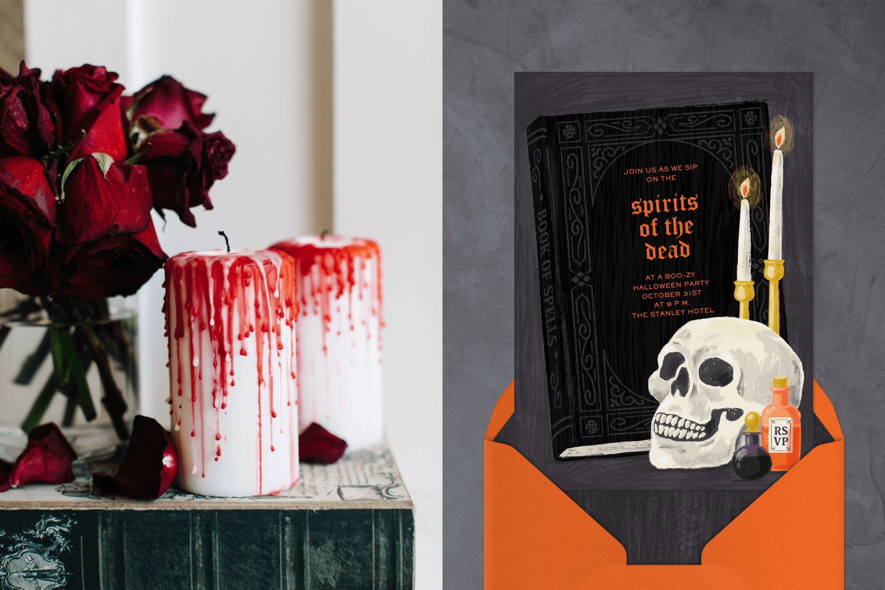 Left: Two white pillar candles dripping with “blood” next to wilting red roses in a vase. Right: An invitation has an image of a skull, poison bottle, and two candles in front of a black book that reads “spirits of the dead.”