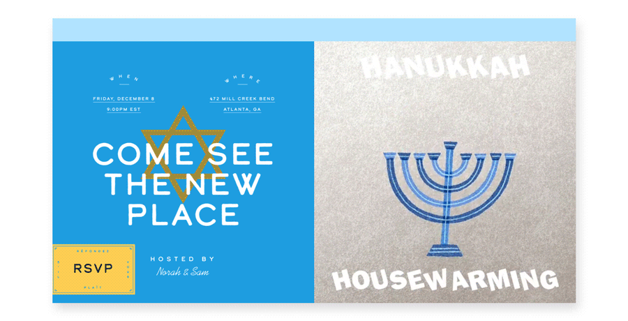 An animated Hanukkah party invitation with dancing menorah and text that reads “Hanukkah Housewarming.”