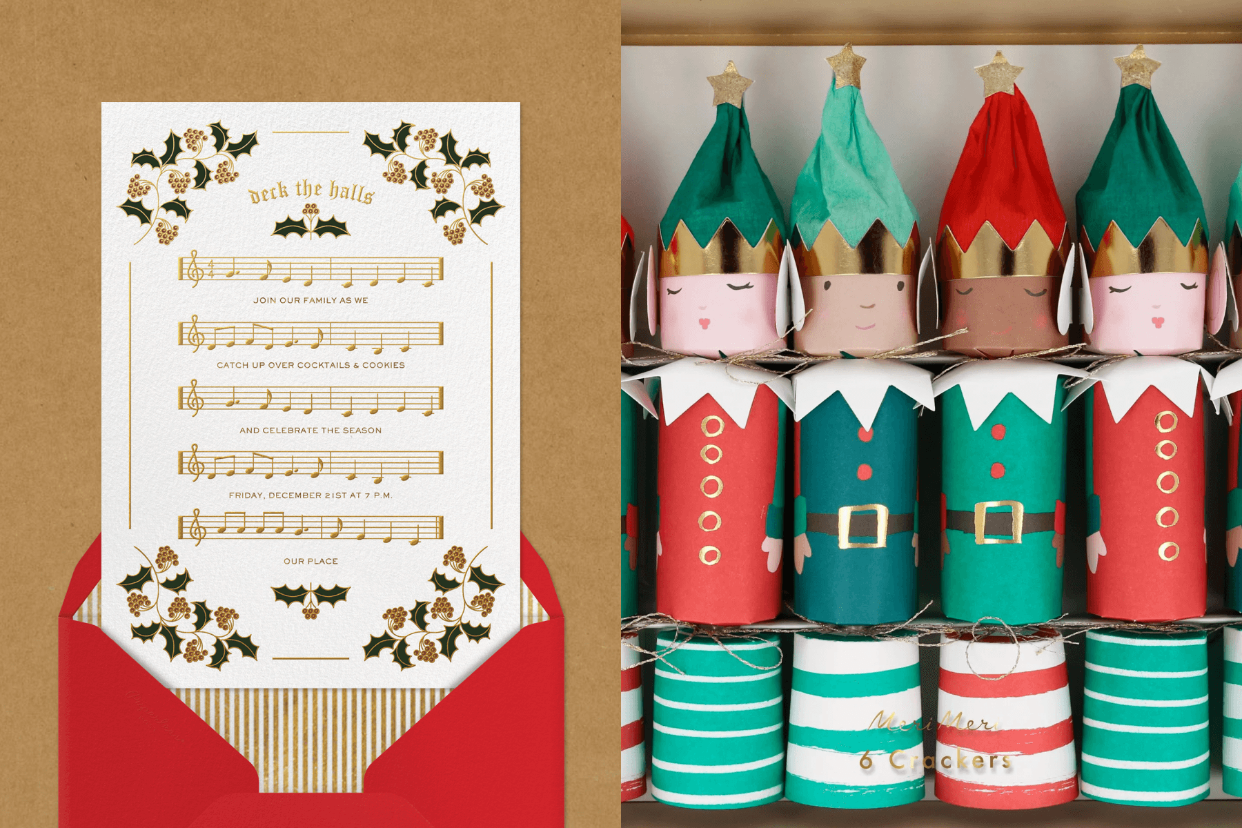 An invitation that resembles sheet music with holly flourishes in the corners; four party crackers that look like Christmas elves.