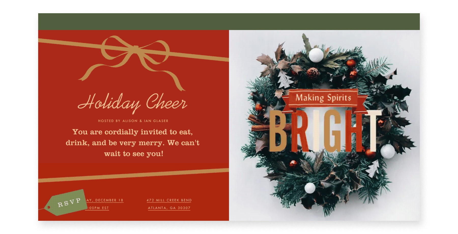 An animated holiday party invite that features a wreath and the text “Making spirits bright.”