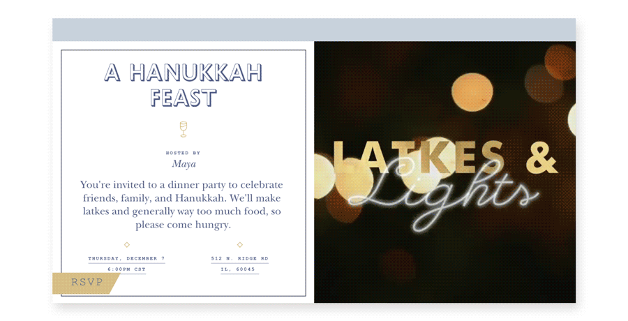 An online invite for a Hanukkah party with blinking string lights and the words “Latkes & Lights.”