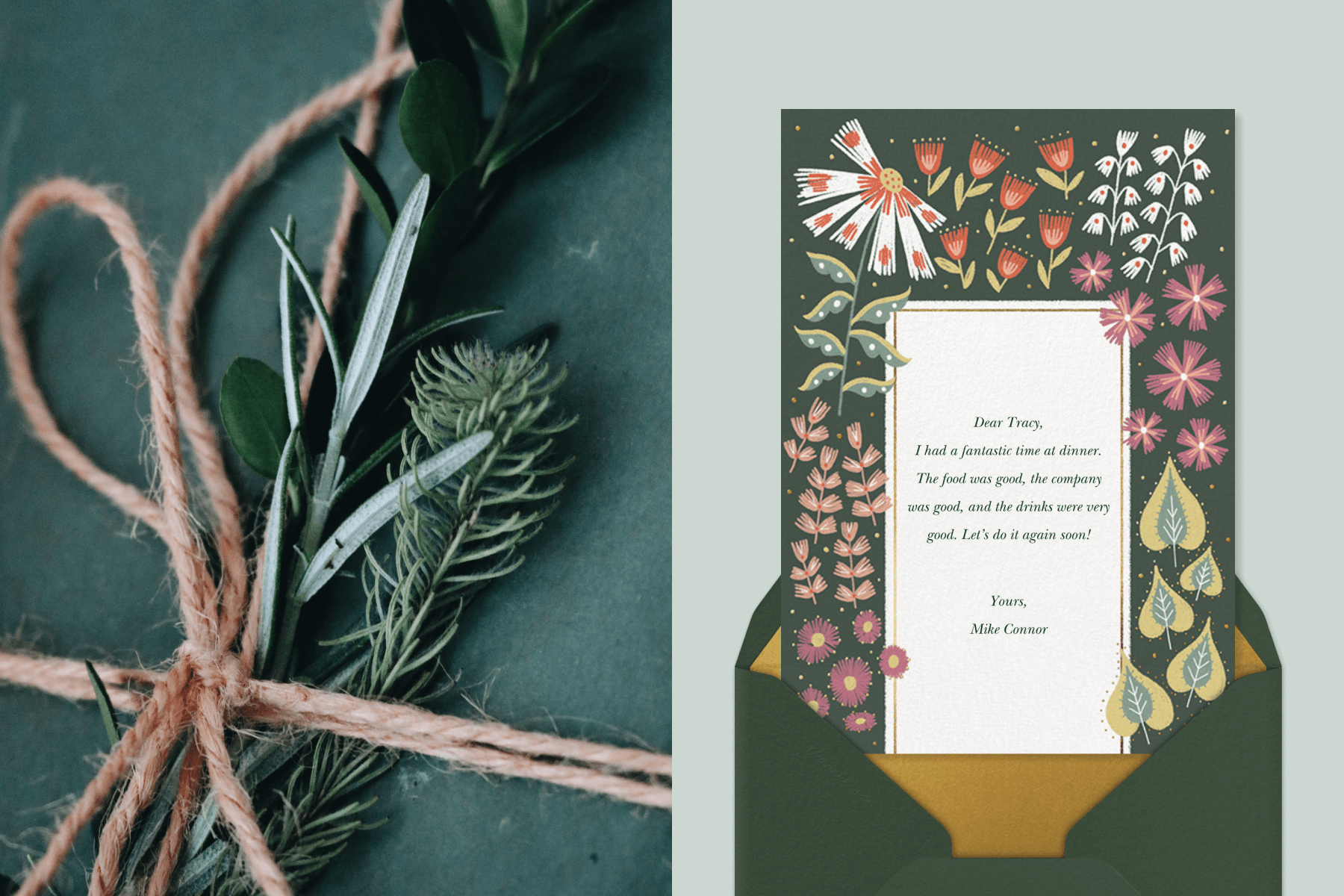 A close-up of a present tied with twine and fresh herbs; A thank you card featuring colorful floral illustrations paired with a gold envelope liner, green envelope, and green background.