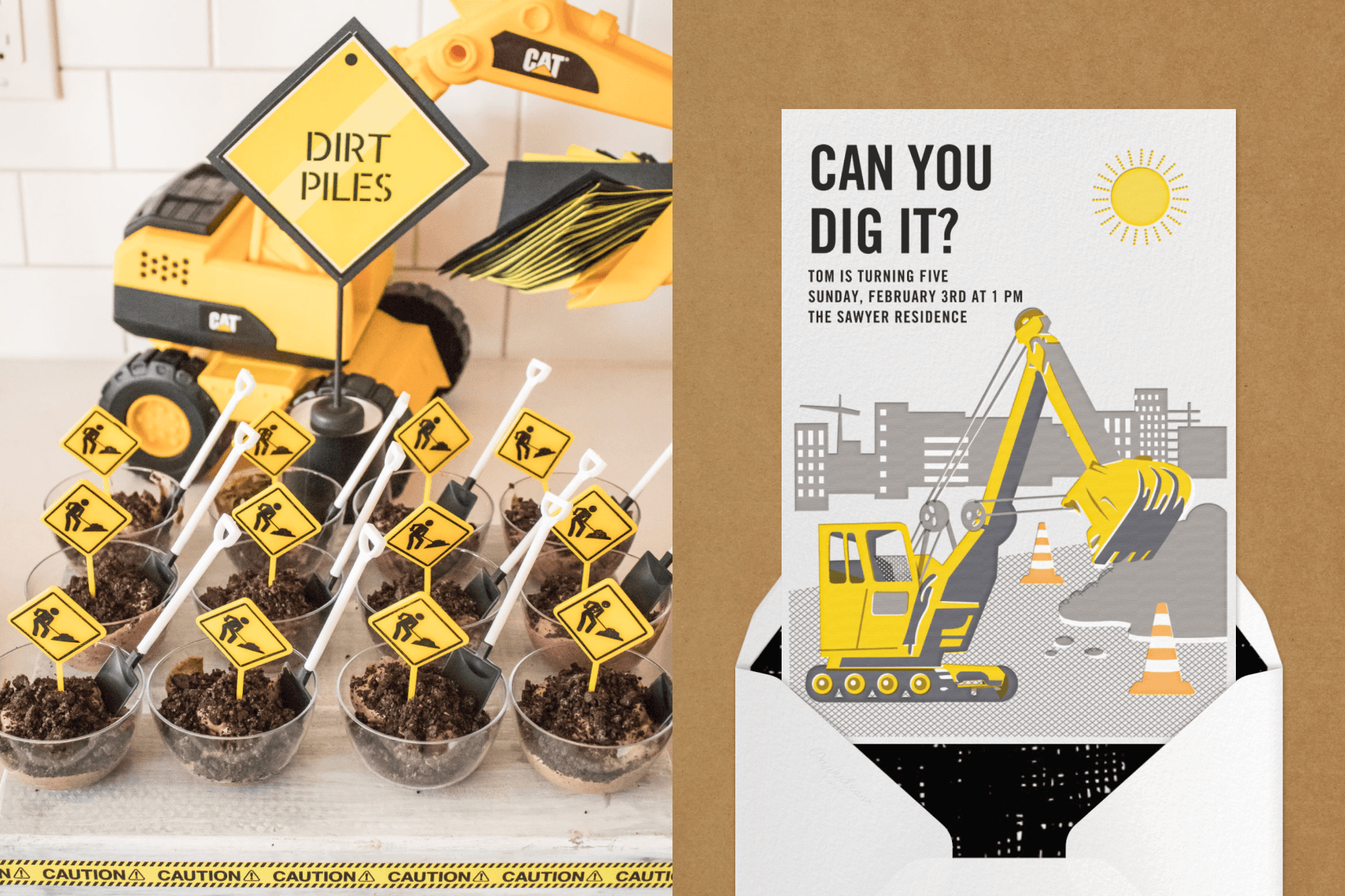 Snack cups filled with ‘dirt’ and digging signs near an excavator toy; an invitation with an excavator at a construction site.