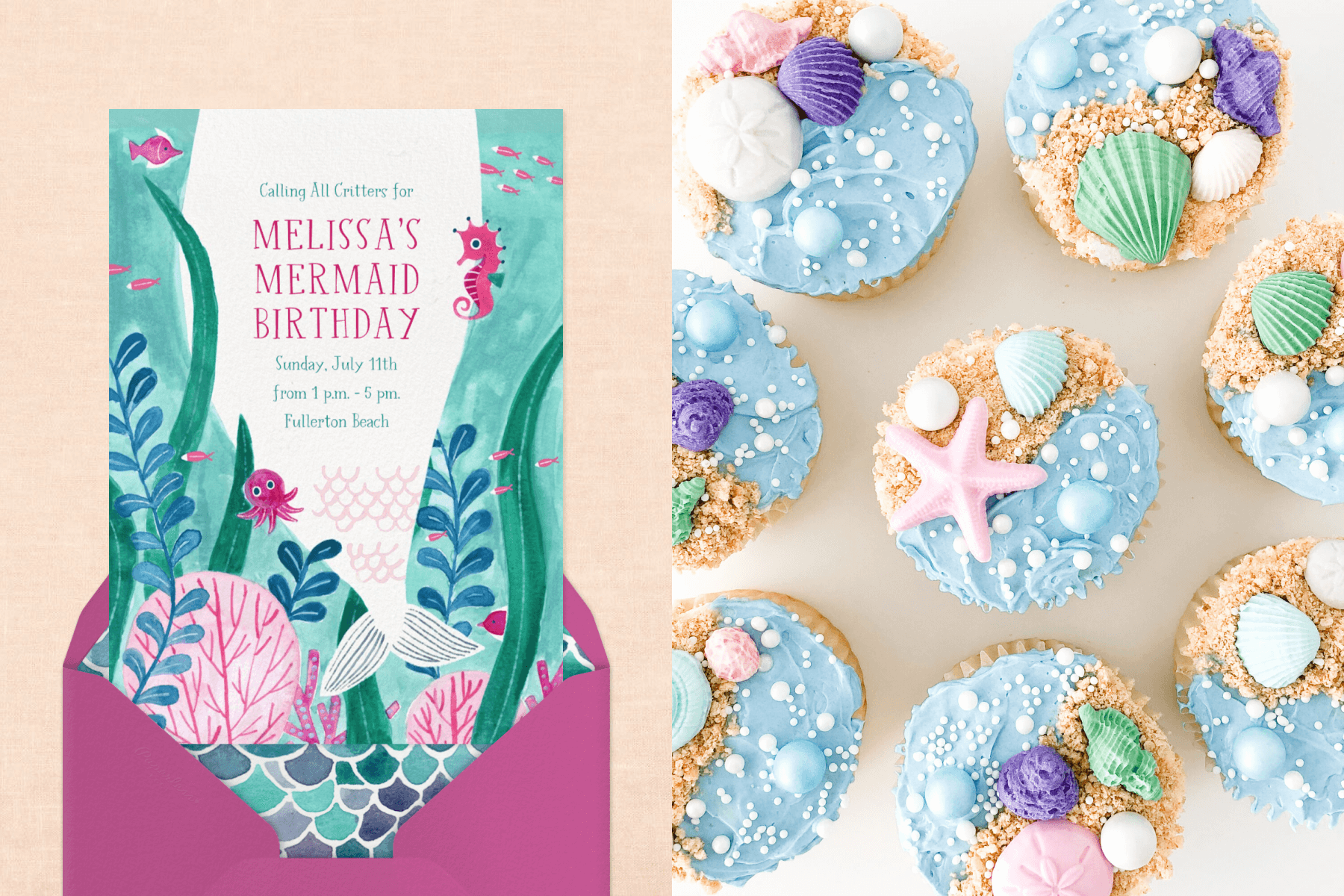 An invitation with underwater sea creatures and the party details in a mermaid’s tail; cupcakes decorated to look like water, sad, and shells.