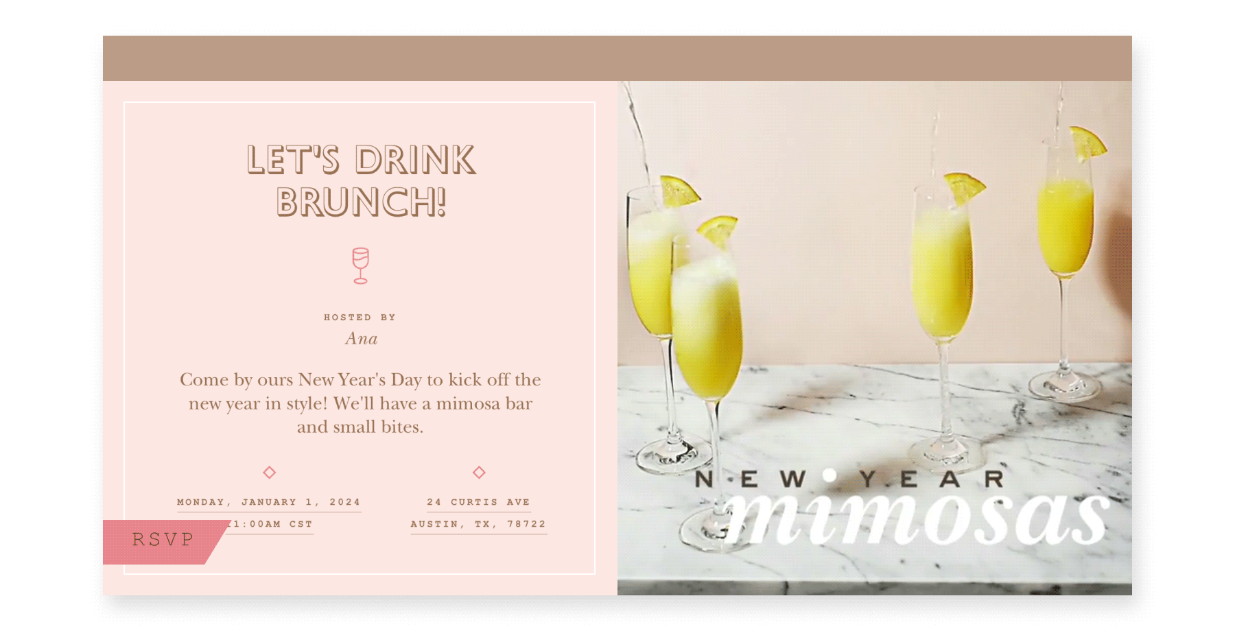 An online invite with an animation of four mimosas being filled.