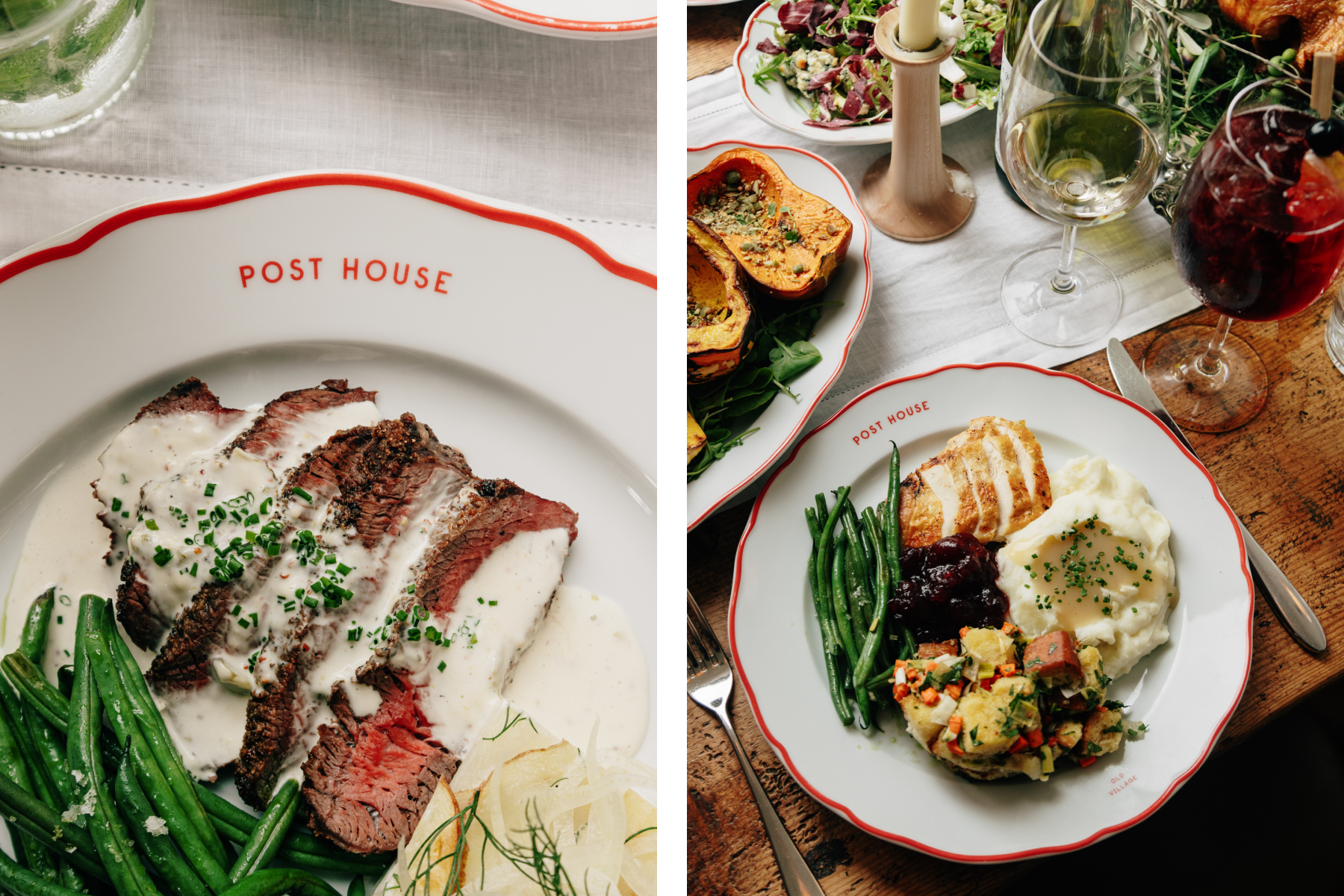 Left: Plate that reads "Post House" with sirloin and cream sauce on top of it, along with green beans. Right: Plate that reads "Post House" with turkey, green beans, cranberries, mashed potatoes, and stuffing along with a glass of wine and a red cocktail. 