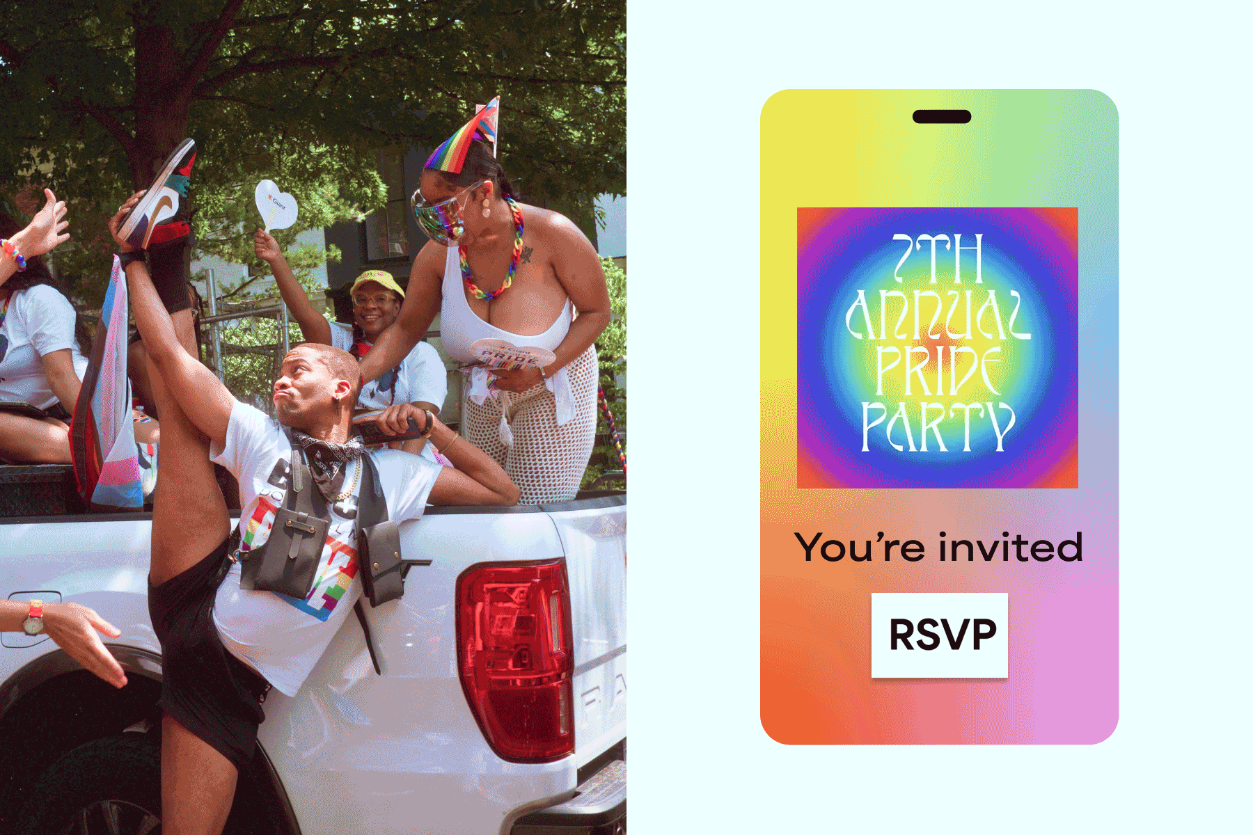 LEFT: A partygoer performs a standing split in front of a white truck while others celebrate in the background. RIGHT: A Pride party Flyer event page with the words, ‘7th Annual Pride Party’ against a circular rainbow pattern above the words, ‘You’re invited’ and an RSVP button.