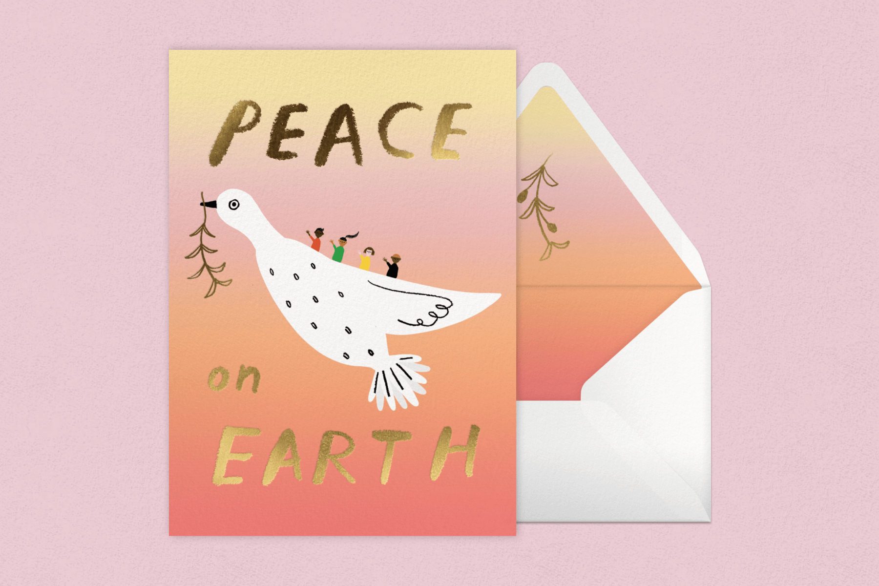 A card featuring an illustration of a dove with passengers and the golden words "Peace on Earth."