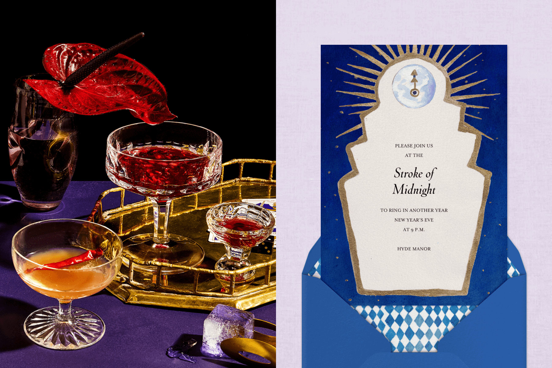 A moody photo of drinks in coupe glasses on a gold tray android Anthurium flower; a blue invitation with an abstract grandfather clock shape striking midnight.