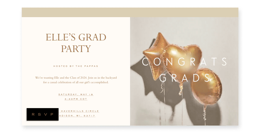 a Champagne-colored online invite with animated gold mylar balloons and the words ‘CONGRATS GRADS'