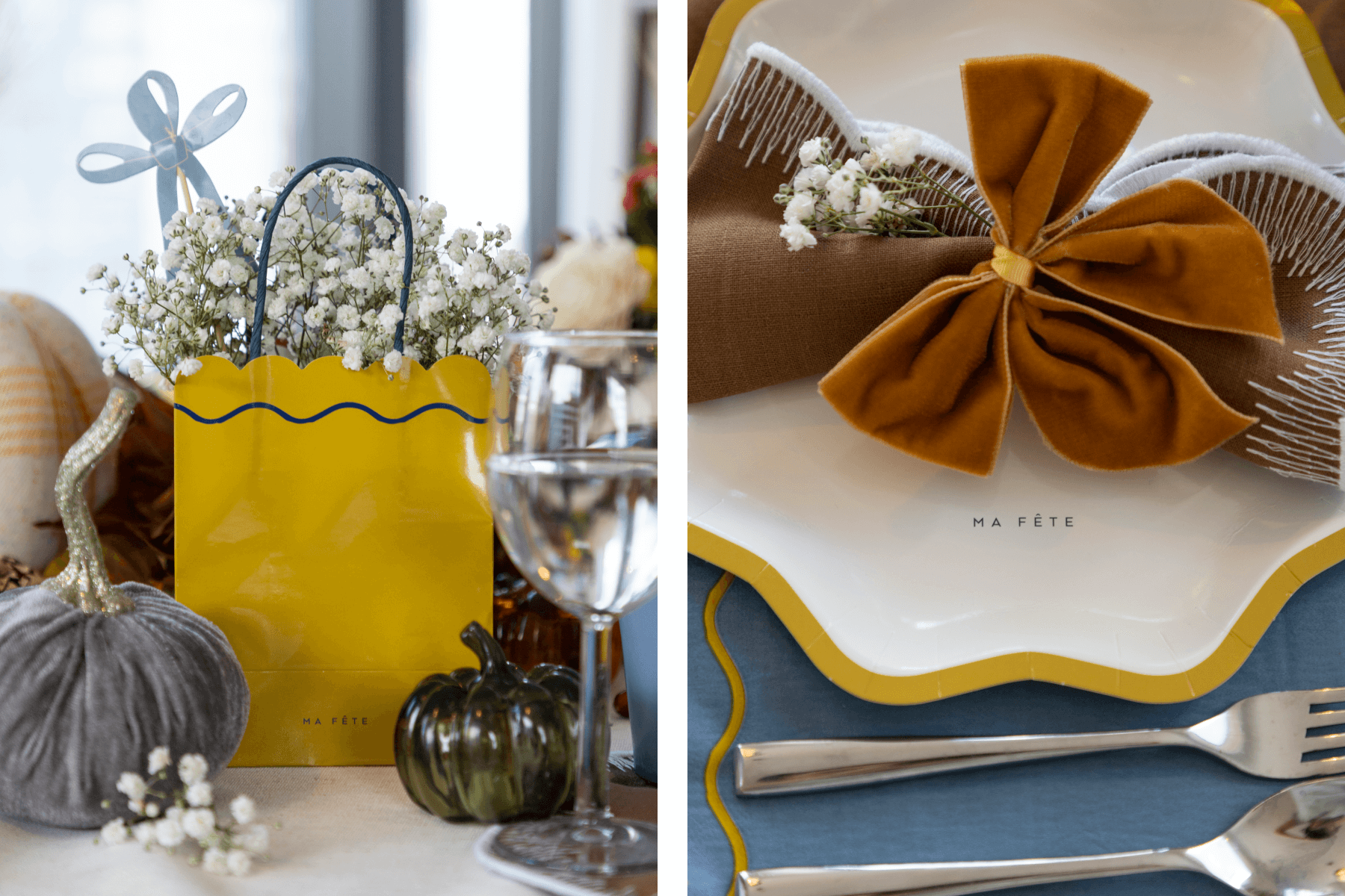 Left: A yellow gift bag filled with baby’s breath flowers and surrounded by gourd decorations.Right:A brown cloth napkin is secured with a russet velvet bow on a scalloped dish.