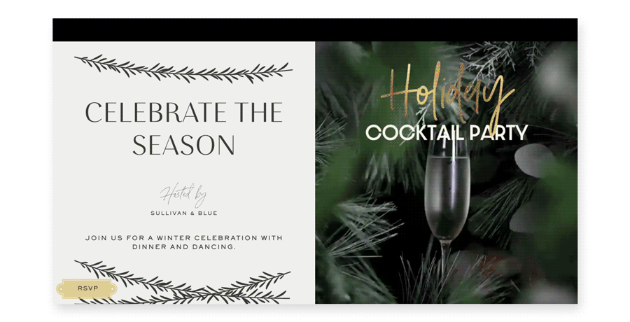 An online invitation with an animation of different cocktails in front of fir branches.