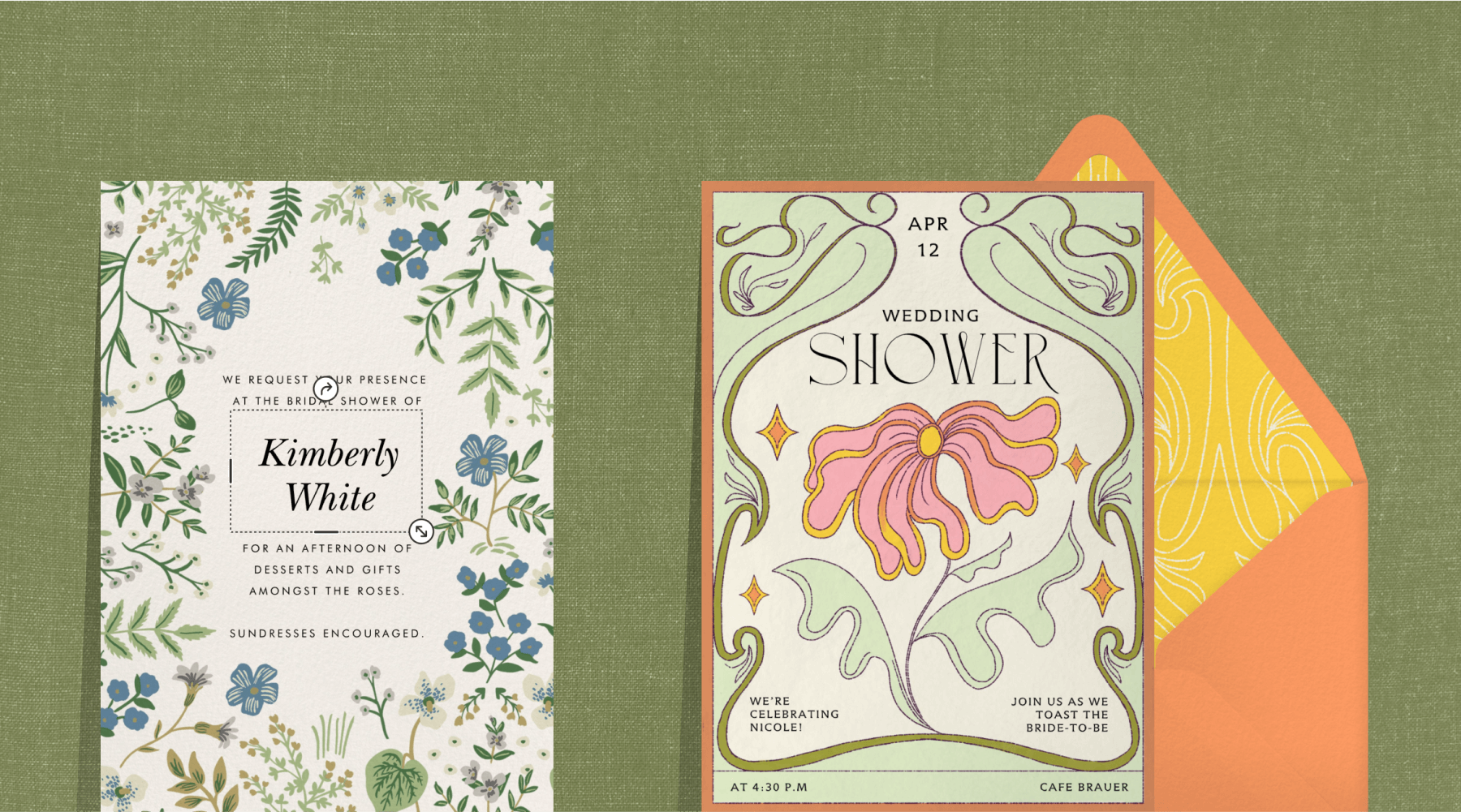 An invitation with a delicate blue and green floral border; an invitation with an Art Nouveau-inspired pink flower and orange envelope.