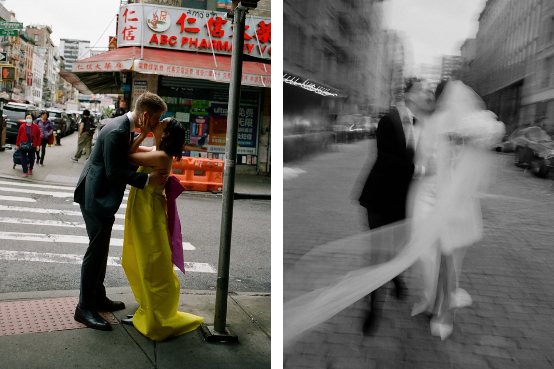 ALT: Left: A woman in a bright yellow dress with a large pink bow kisses a man in a suit on the streets of a city. Right: A blurry black-and-white photo of a bride and groom walking in the street. 