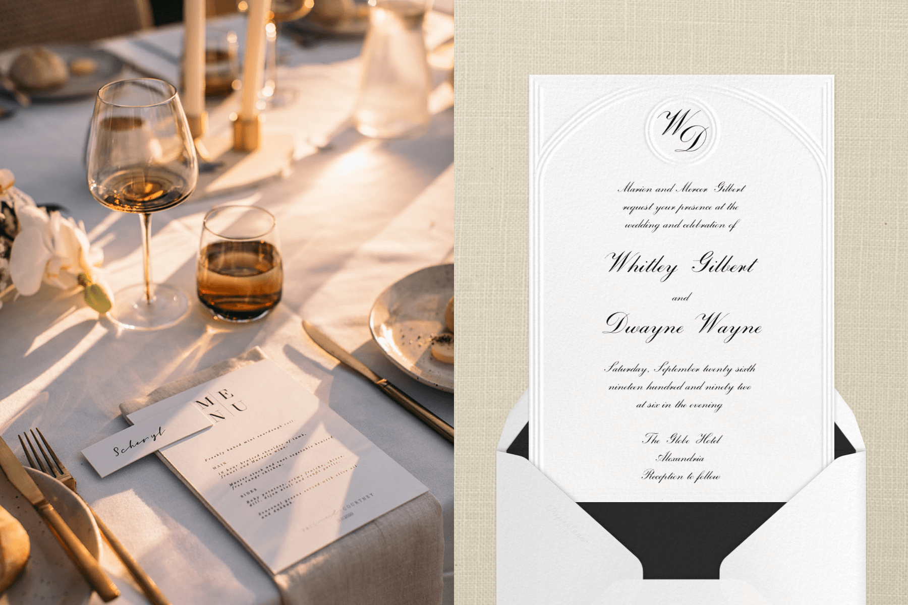Left: A classy, minimalist table setting with a formal menu and place card; Right: A blind-embossed wedding invitation with a monogram.