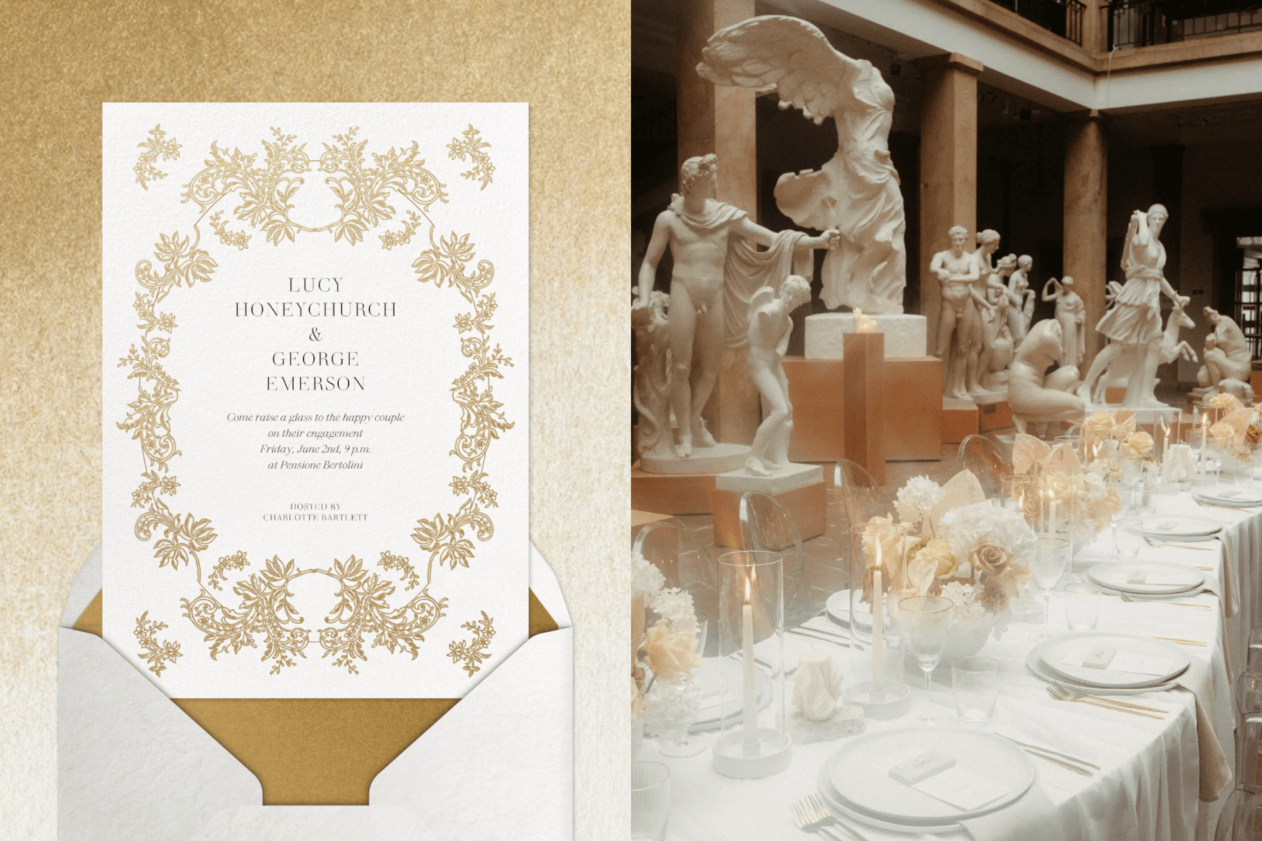 eft: An engagement party invitation with a gold lace border; Right: A winding table set amongst Roman statues.