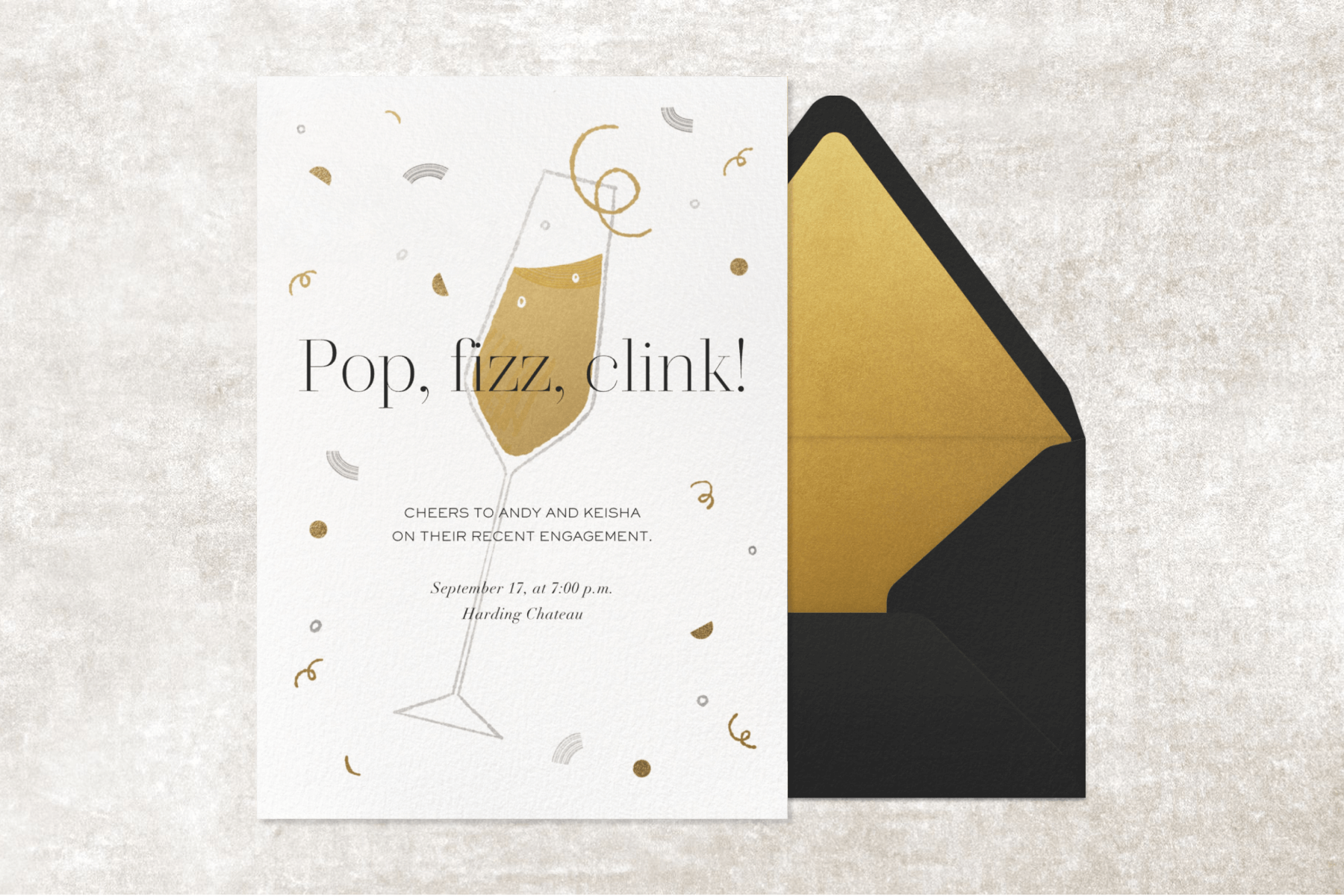 An engagement party invitation with an illustration of a Champagne glass and the words “Pop, fizz, clink!”
