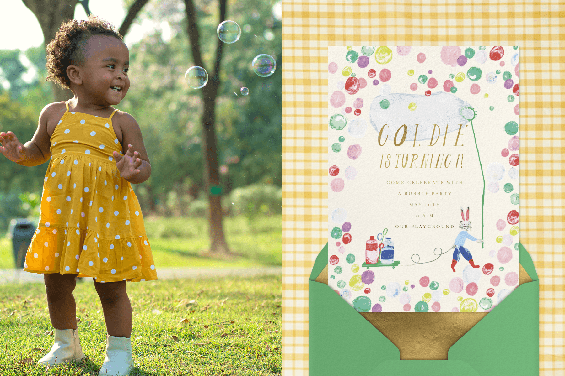 LEFT: In a grassy area with trees, a child wearing a yellow dotted dress smiles at bubbles. RIGHT: On a yellow gingham backdrop, a white invitation with an illustration of a rabbit blowing bubbles emerges from a green envelope with gold lining. 