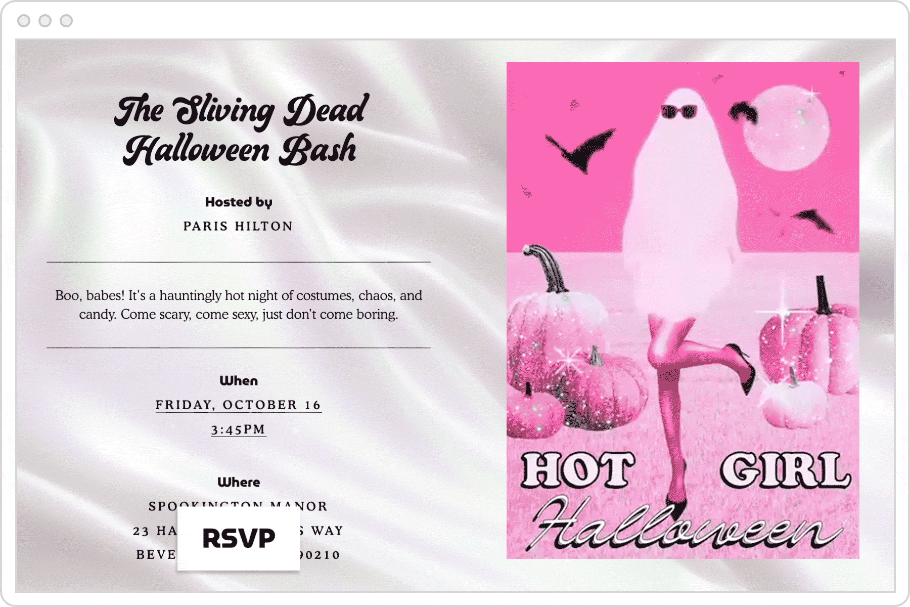 A Paperless Post event page on a white satin backdrop with a Paris Hilton Flyer invite featuring a ghost in sunglasses, pink tights, and black high heels, glittery pink pumpkins, bats, and a full moon, with text reading ‘Hot Girl Halloween,’ beside the event details.